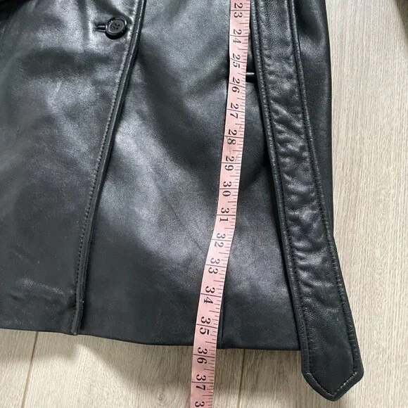 Calvin Klein Genuine Leather Trench Coat Women Small Black Classic Elegant Retro - Picture 11 of 15